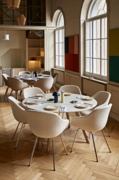 HAY CPH25 Round Table, 140 Cm, Soaped Oak - Offwhite Lino -Hay AAC 127 Flamiber cream A5 chrome base CPH 25 off white lino soaped oak base PC Portable black Salt and Pepper Enamel Dish sprinkle black