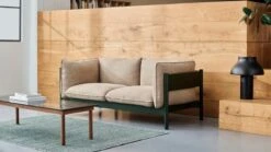 HAY Kofi Table 140 X 50 Cm, Lacquered Walnut - Grey Glass -Hay Arbour 2 Seater Linen Grid dark beige bottle green wb lacquer beech Kofi grey tinted glass wb lacquer walnut Moire Kelim dark green