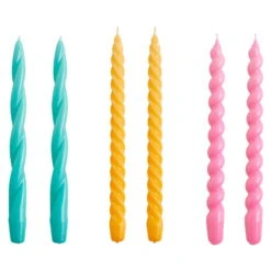 HAY Long Twist Candles, Set Of 6, Green Aqua - Warm Yellow - D.pink