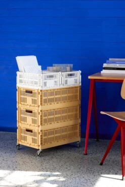 HAY Colour Crate Wheels Set, 4 Pcs, L 8 HAY Colour Crate Wheels Set, 4 Pcs, L -Hay HAY Colour Crate L golden yellow HAY Colour Crate M off white HAY Colour Crate Wheels Pyramid Table 01 clear lacquered oak top tomato red frame Result chair wb lacquered oak seat and back