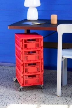 HAY Colour Crate Wheels Set, 4 Pcs, M 9 HAY Colour Crate Wheels Set, 4 Pcs, M -Hay HAY Colour Crate M red HAY Colour Crate Lid M red Apollo Table Lamp Passerelle Desk wb lacquered walnut frame and edge ink black powder coated crossbar Rey Chair state blue wb lacquer beech