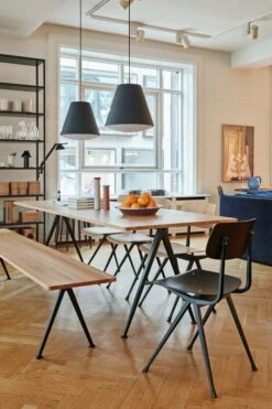 HAY Result Chair, Black 8 HAY Result Chair, Black -Hay Pyramid Table 02 matt lacquer oak black base Sinker soft black Pyramid Bench 12 matt lacquer oak black base Result Chair black wb lacquer oak