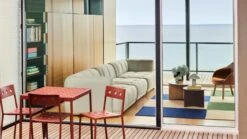 HAY Slit Wood Table, 65 Cm, Lacquered Oak 9 HAY Slit Wood Table, 65 Cm, Lacquered Oak -Hay Quilton Comb 5 Mode 009 Balcony Table iron red Balcony Chair iron red